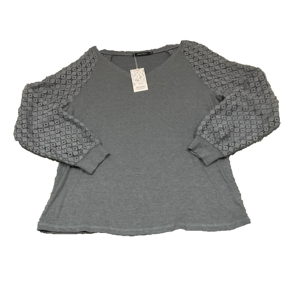 NWT Automet Gray‎ Long Sleeve Eyelet Shirt Womens Size Large